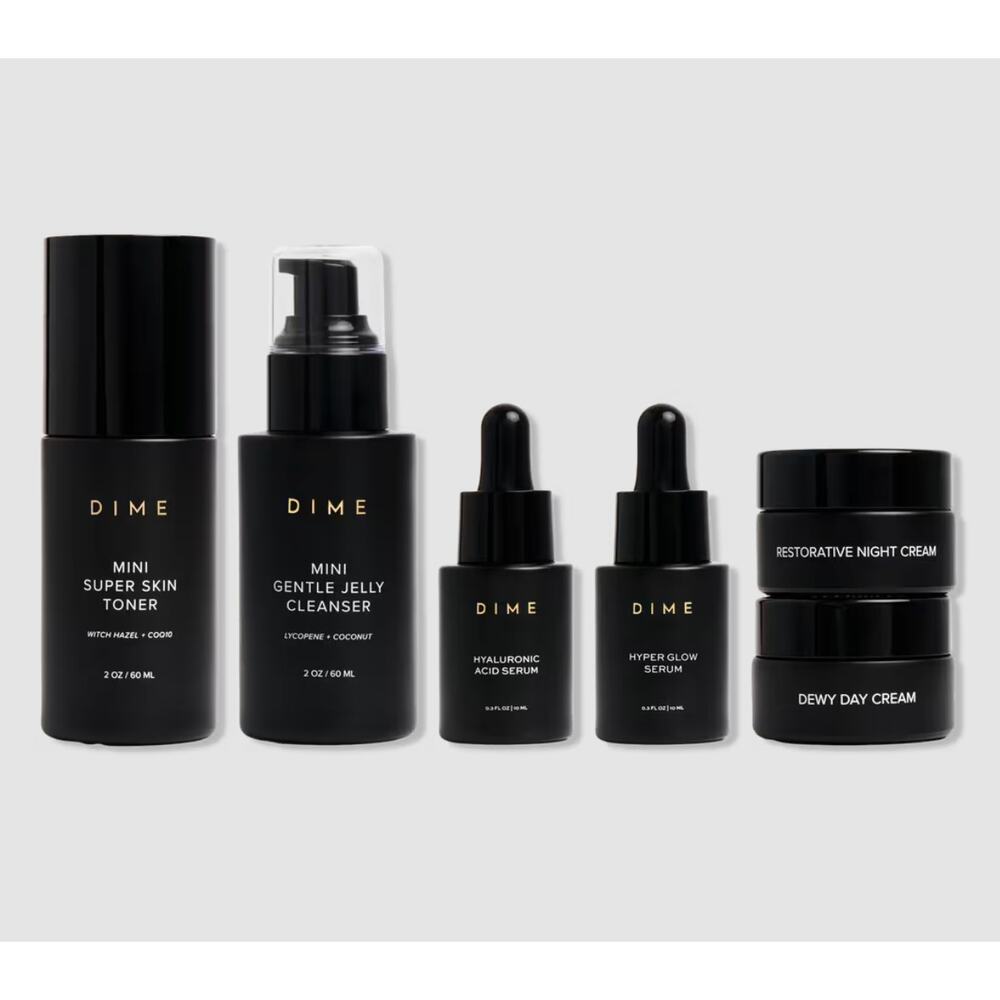 New dime the works discovery set skin care face cleanser night cream toner serum